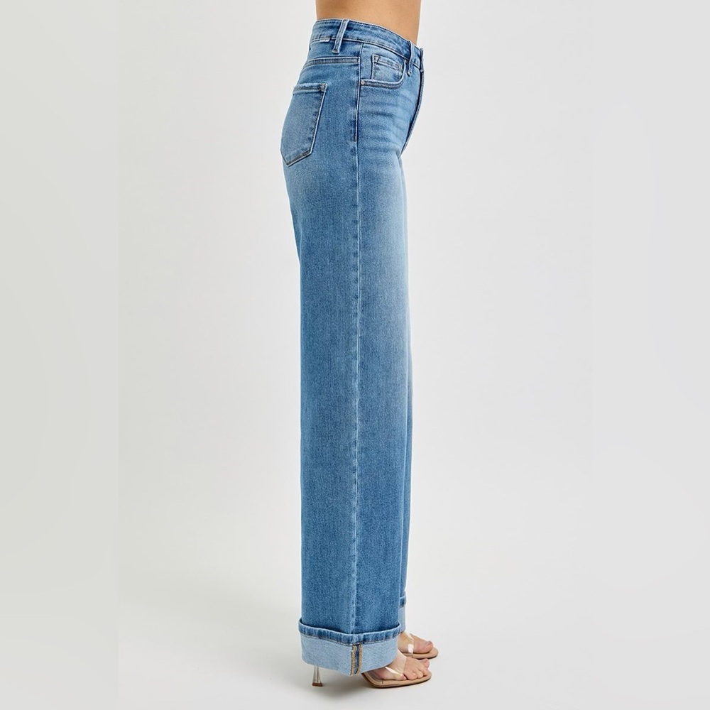 OD68- MEDIUM PLUS Risen Tummy Control High Rise Wide Cuffed Jeans - Picture 3 of 3